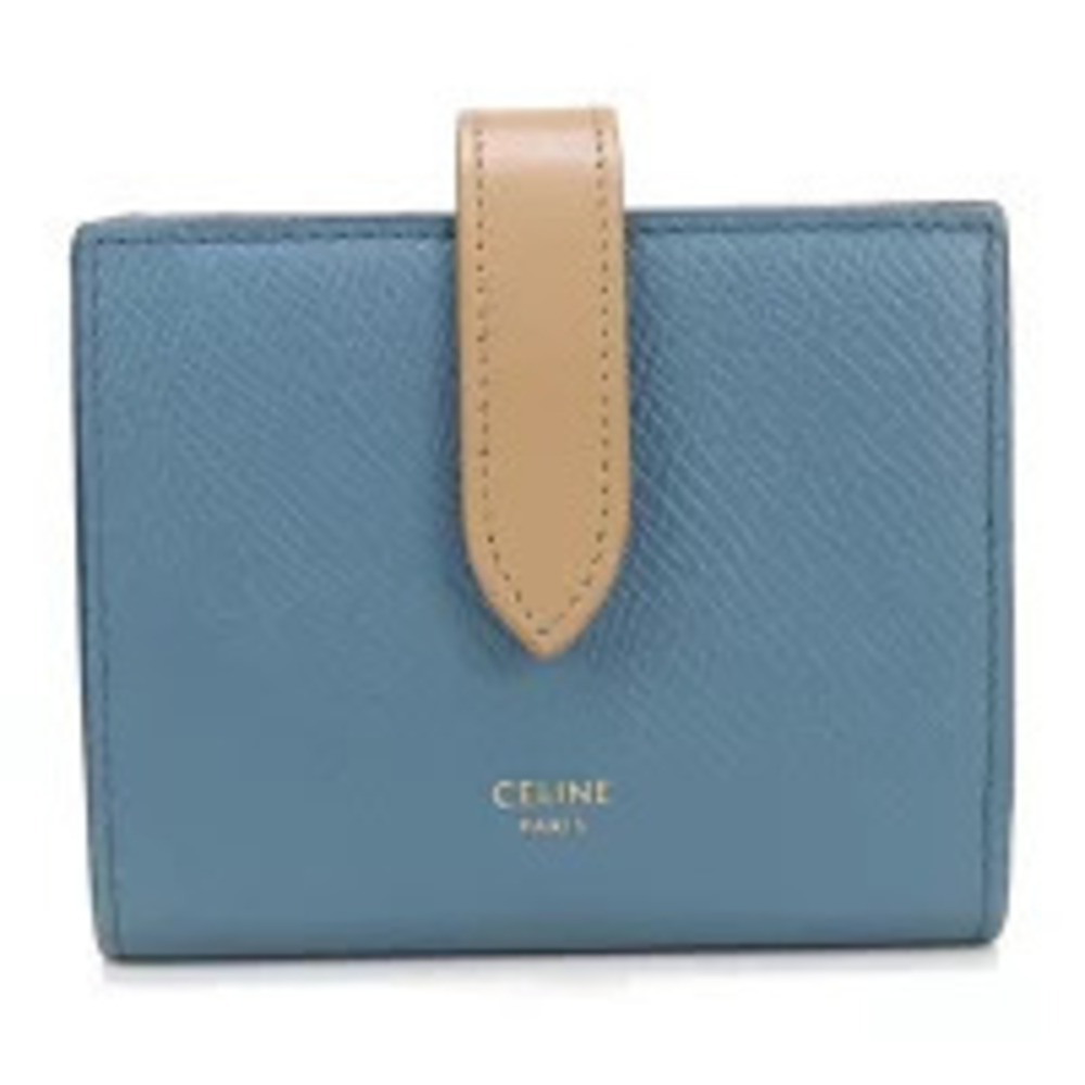 Celine Bi fold Wallet Compact Strap Leather Blue